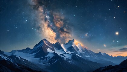 majestic mountain range under a starry night sky illuminated by the Milky Way galaxys ethereal glow