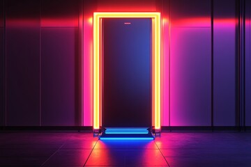 Wall Mural - Neon-Lit Doorway in a Dark Room with Glowing Blue Steps