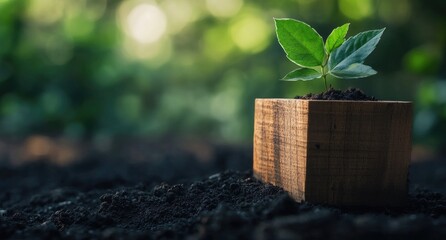 A small green plant sprout in a wooden planter on rich soil with a blurred green background.