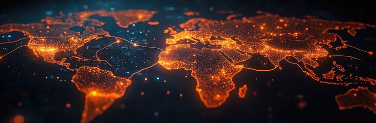 A glowing, abstract representation of the world map with continents and countries outlined in orange light.