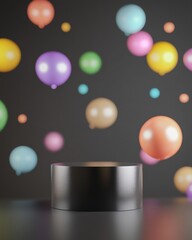 Poster - Glossy Black Podium with Floating Iridescent Balloons Against Colorful Reflections