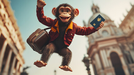 A stylish monkey 3D-rendered with a suitcase, joyfully jumping in front of a famous European landmark, dressed in trendy travel clothes and showing off its passport.