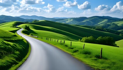 Tranquil country road winding through lush green hills beneath a bright blue sky dotted with fluffy clouds, embodying the serenity of rural landscapes.