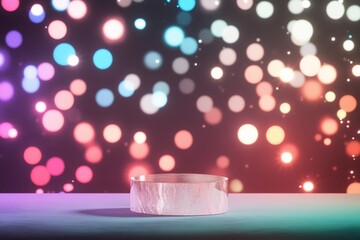 Poster - Vibrant Minimalist Crystal Podium Against Colorful Light Spots on Black Background