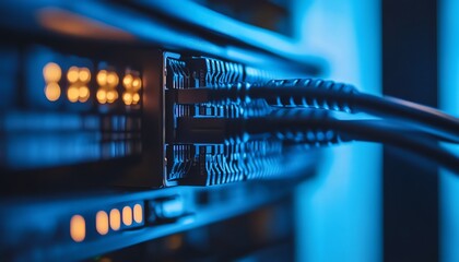 Poster - Close-up of a Server Rack with Plugged-in Cables and Blue Lighting