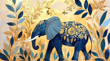 Poster - Blue Elephant with Gold Floral Pattern on Watercolor Background