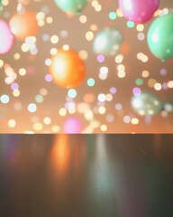 Poster - Dynamic Festive Celebration with Reflective Table Top Against Iridescent Balloon Bokeh