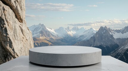 Wall Mural - A minimalist platform set against a breathtaking mountain backdrop, perfect for showcasing products or artistic displays.