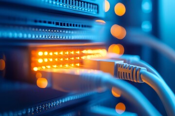 Poster - Network Cables Plugged into a Server Rack with Illuminated Ports