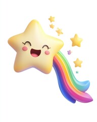 Wall Mural - Adorable cartoon shooting star featuring a rainbow tail presented as a 3D and 2D illustration against a white background