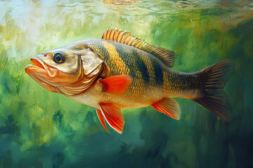 A vibrant underwater image of a striped bass swimming gracefully.