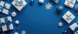 © MetaPixel - 3D rendering of white and blue gift boxes adorned with baubles and snowflakes set against a royal blue background Flat lay or top view design for a festive atmosphere