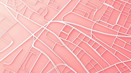 Wall Mural - Street map illustration featuring white lines on a pinkish red gradient background A top flat view rendered in 3D style