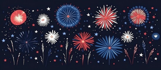 Celebratory fireworks illuminating the night sky in a flat design for a festive independence day Stars and stripes motif featured prominently