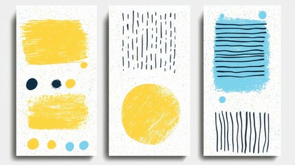 Poster - Abstract Art Set  Yellow Blue Stripes Circles Geometric Pattern