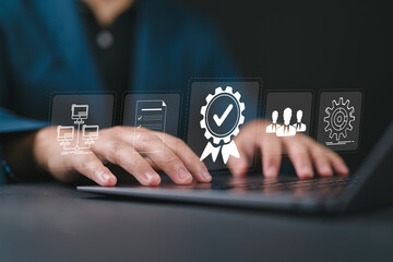 Poster - Standard quality control certification assurance guarantee concept. Business person working with laptop and approve certificate. Quality assurance QA, Quality control QC, Compliance with regulations,