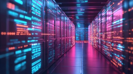 An illuminated server room with rows of servers and digital code displayed on the panels.