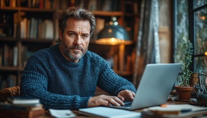 Canvas Print - Man Working on Laptop in Cozy Home Office