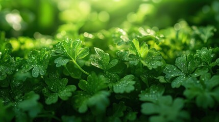 Poster - Close-up of Dewy Green Leaves in the Sunlight