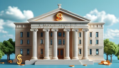 Wall Mural - Elegant bank building adorned with dollar signs and majestic columns in striking 3D illustration