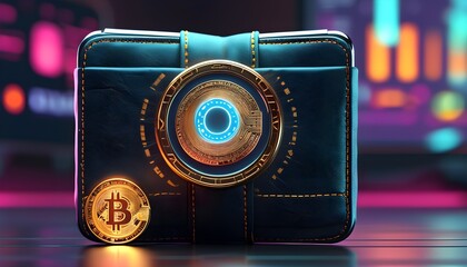 Wall Mural - Futuristic digital wallet showcasing vibrant cryptocurrency icons in a sleek 3D interface