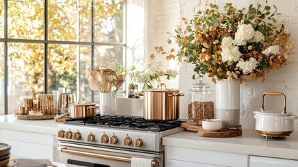 Poster - Modern Kitchen Interior with Copper Pots and White Flowers