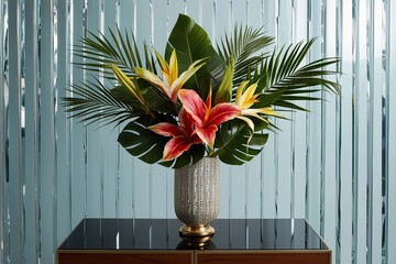 Stylish Vase with Tropical Flower Arrangement on Clear Background