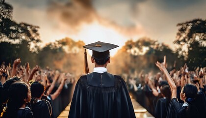 graduate walking across the stage to receive their diploma, with family and friends cheering in the audience. graduate in the graduation