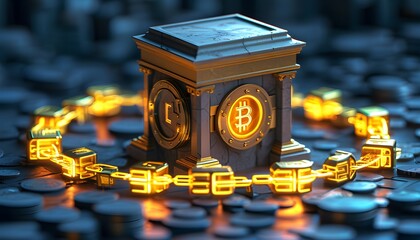 Futuristic digital bank vault illuminated by interconnected blockchain links, symbolizing secure finance in a 3D illustration