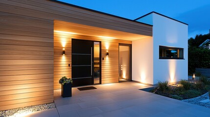 Sticker - Modern House Entrance with Wood Siding  Black Door  and Stone Patio