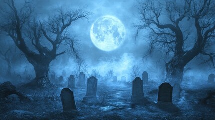 Eerie Graveyard Under a Full Moon and Misty Sky.