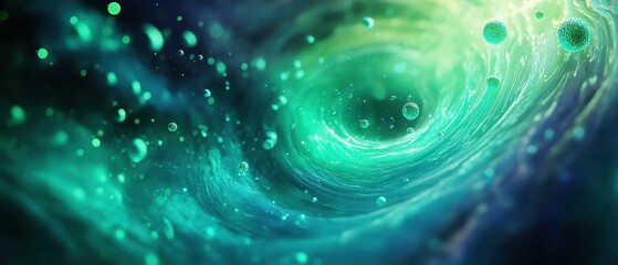 Wall Mural - Abstract Swirling Green Liquid With Floating Spheres - 3D Render.