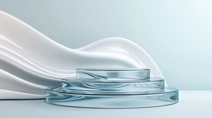 Elegant glass platforms with soft flowing fabric create a serene backdrop for product displays or artistic compositions.