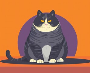 Cat illustration, cartoon style, on an orange background with a purple circle behind, showcasing a plump black and white cat Unique concept for animal lovers and digital artwork