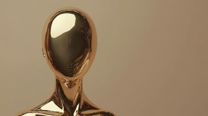 3D rendering of a golden shiny female figure with a flat melting anonymous face depicted as an abstract concept sculpture on a neutral background