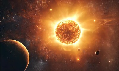 a vibrant cosmic scene depicting a bright sun surrounded by stars and planets in space.
