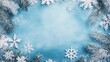 © ProStockGallery - Festive Winter Background with Snowflakes and Pine Branches on Blue Background.
