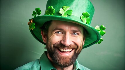 A cheerful gentleman dons a vibrant green plastic Saint Patrick's Day hat overflowing with intricately detailed