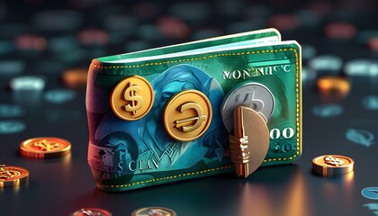 Wall Mural - Digital wallet showcasing diverse currency symbols, representing global finance in a vibrant 3D design