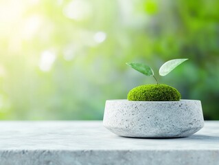 A serene indoor plant arrangement with a moss ball in a minimalist concrete pot, perfect for enhancing modern home aesthetics.