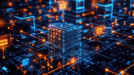 Abstract glowing digital network with glowing lines, data, and a 3D cube with a futuristic digital technology concept.