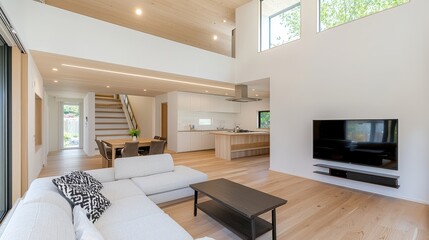 Canvas Print - Modern Living Room with White Walls  Wooden Ceiling  and Large Windows