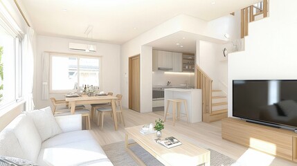 Sticker - Modern Open Plan Living Room with Kitchen  Dining Area  and Stairs