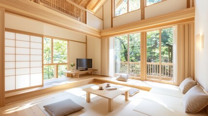 Sticker - Modern Japanese Living Room with Tatami Flooring  Wooden Beams and Natural Light