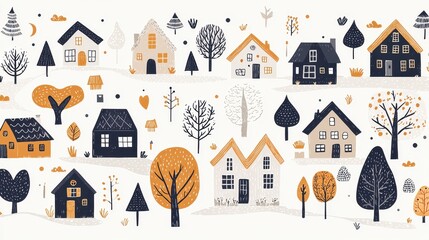 Poster - Cute Hand Drawn Village Houses Illustration