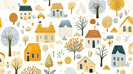 Sticker - Cute Hand Painted Watercolor Autumn Village Pattern