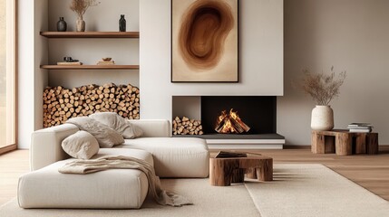 Wall Mural - A modern, minimalist living room interior design with a cozy fireplace, warm-toned wood furniture and minimalist decor, soft textured neutral-colored sofa and cushions, stacked firewood