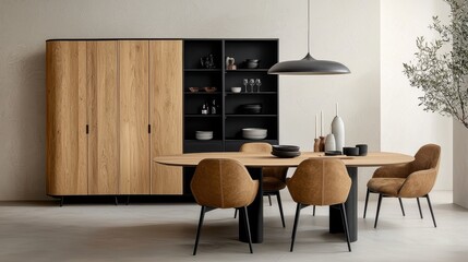 Sticker - Modern Dining Room Interior with Wooden Cabinet  Black Pendant Light  and Brown Leather Chairs