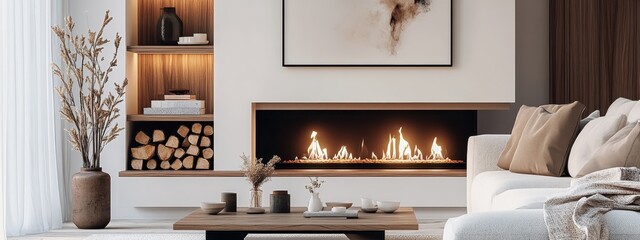 Wall Mural - A modern, minimalist living room interior design with a cozy fireplace, warm-toned wood furniture and minimalist decor, soft textured neutral-colored sofa and cushions, stacked firewood