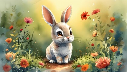 Charming watercolor cartoon of an adorable bunny exploring a vibrant flower garden